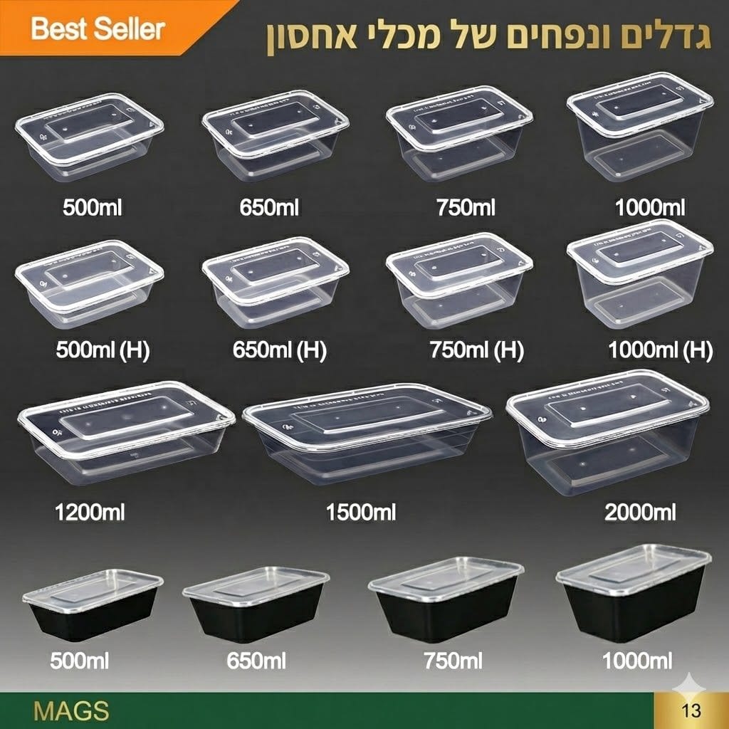 מיכלי פלסטיק למזון עם מידות